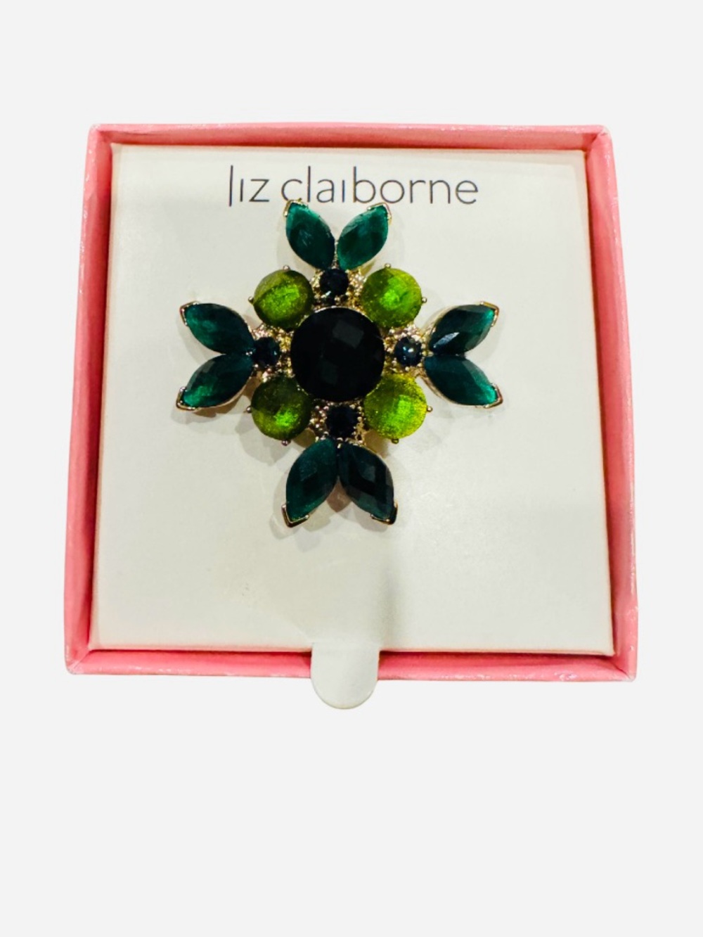 Liz Clairborne Green Faceted Floral Glass Cluster Brooch